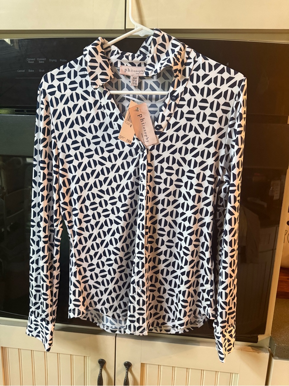 Philosophy Navy and White Geometric Button-Down Shirt